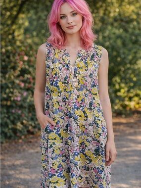 Sonoma Goods For Life Sleeveless Pintuck Floral Linen Blend Dress Size XXL